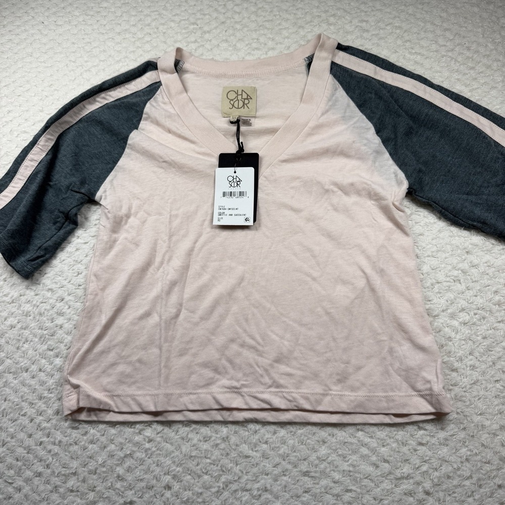 Chaser XS Sweetie Succulent V Neck Raglan Stripe Crop TShirt Pink Gray NWT $99